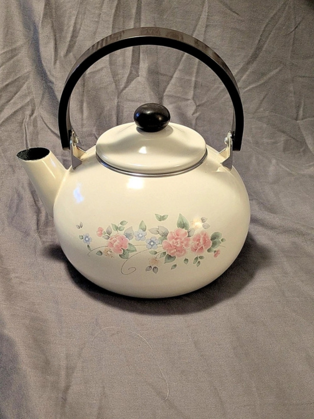 Vintage Cream Enamelware Floral Tea Kettle Stovetop Pot